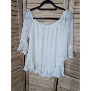 DR2 DANIEL RAINN Blouse Top Size S Womans Blush White Lace 3/4 Sleeve